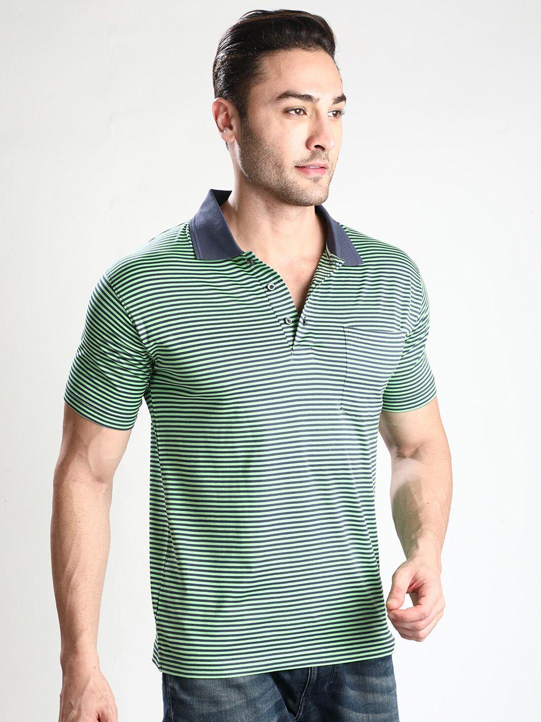 dream of glory inc men green & navy blue striped polo collar pure cotton t-shirt