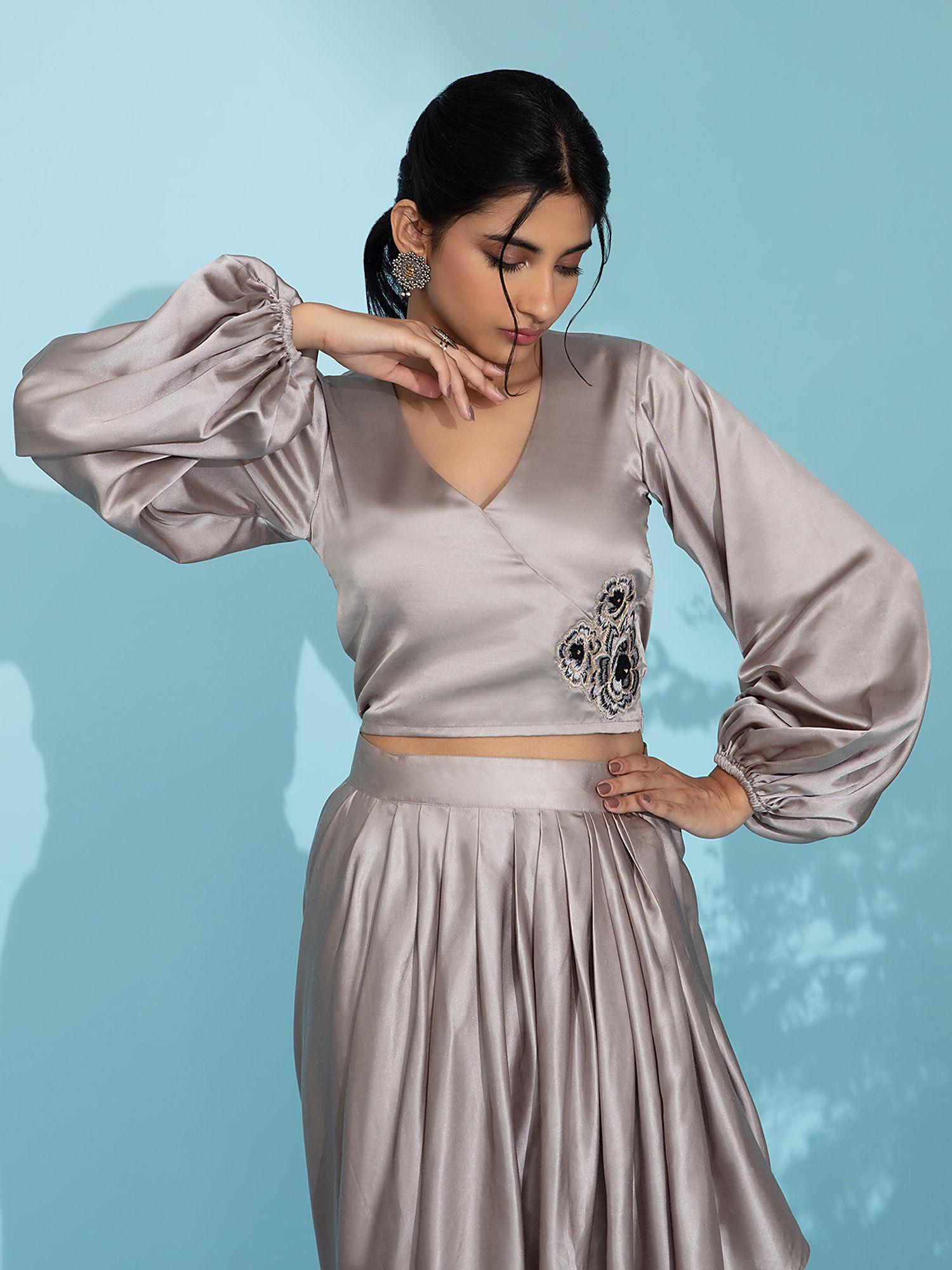 dreamy drapes grey modal satin embroidered crop top ggtop12