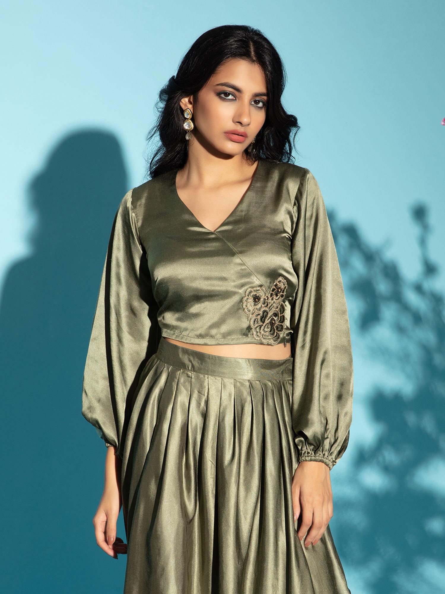 dreamy drapes olive modal satin embroidered crop top ggtop12