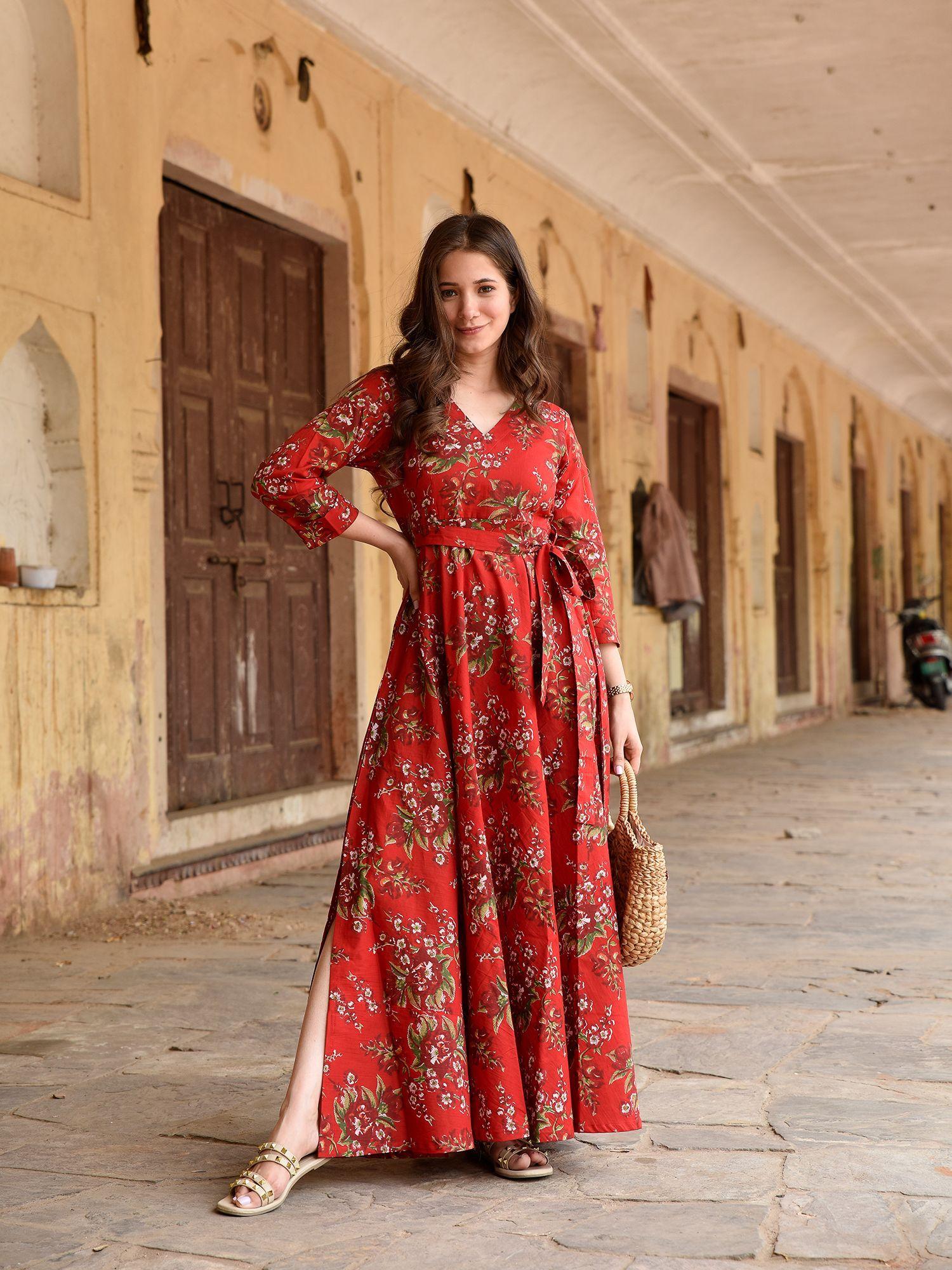 dreamy red floral cotton dress (set of 2)
