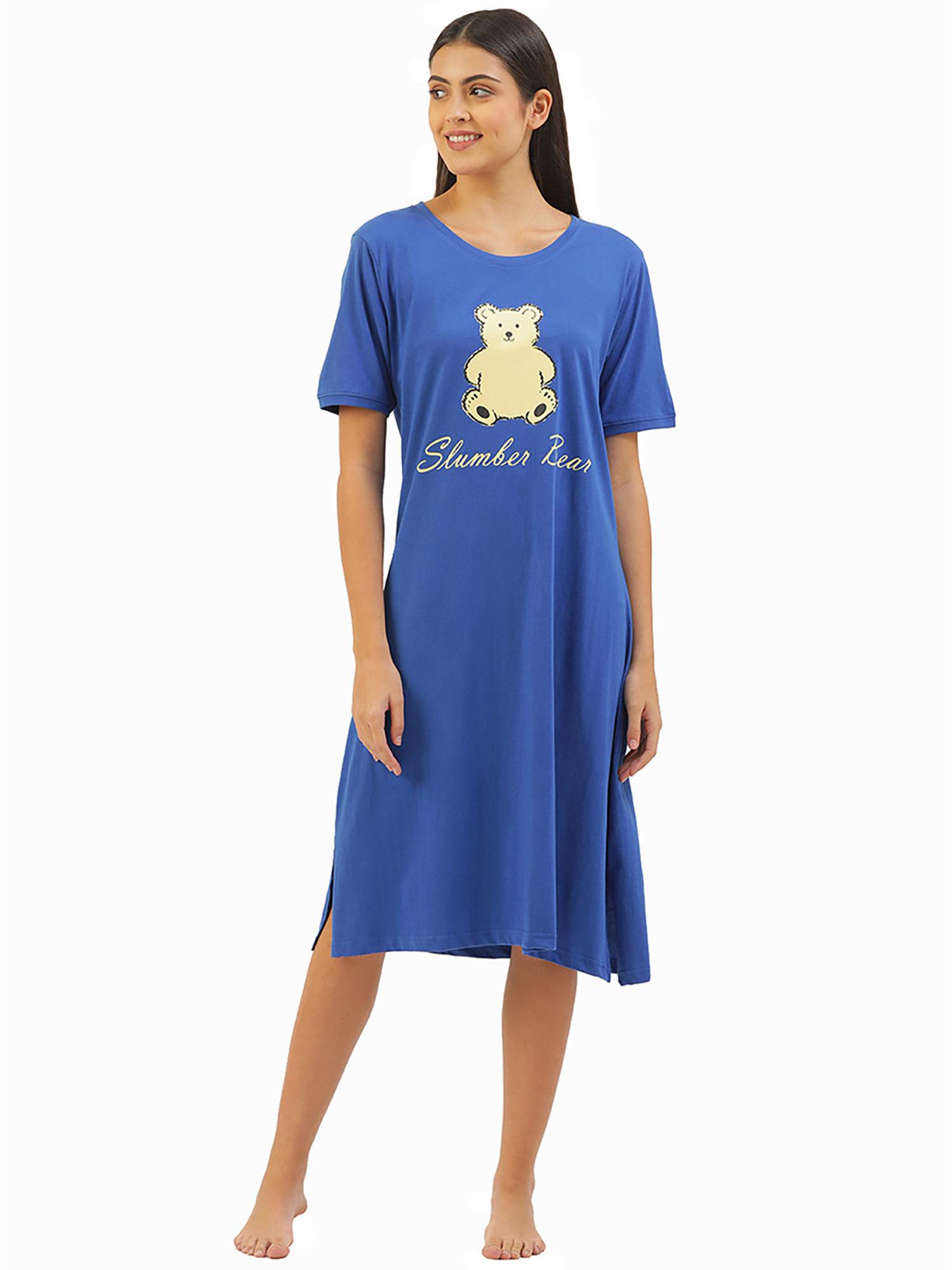 dreamy slumber bear printed mid length nightdress in royal blue