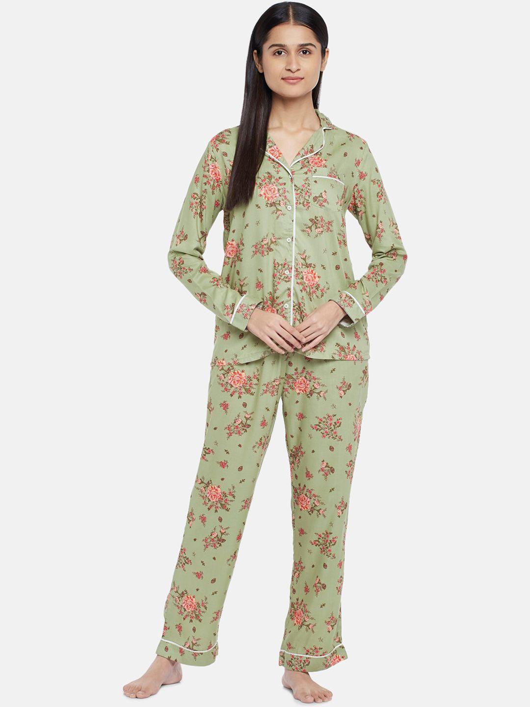 dreamz by pantaloons women green & red floral printed night suit