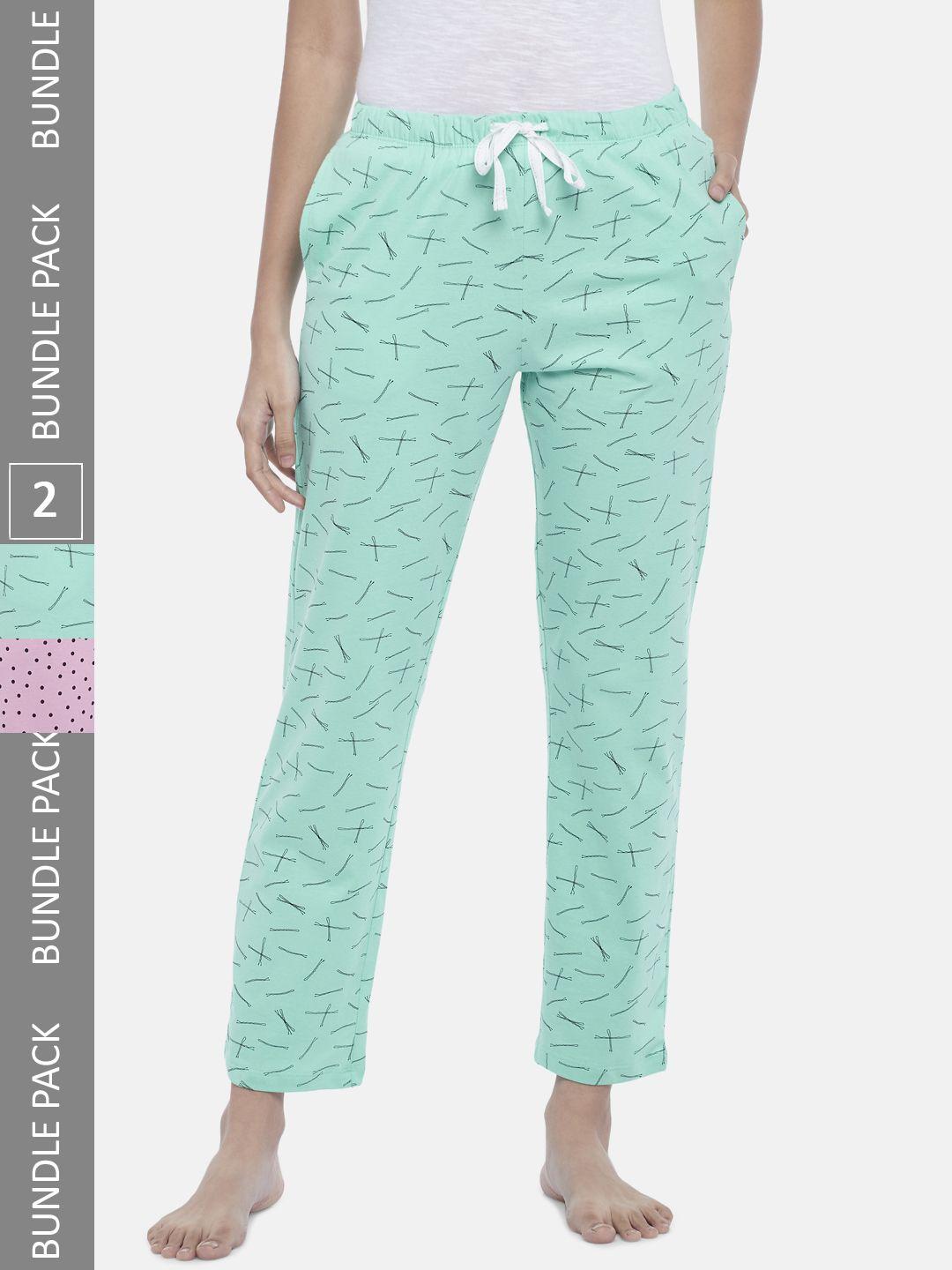 dreamz by pantaloons women pack of 2 green & pink printed lounge pants