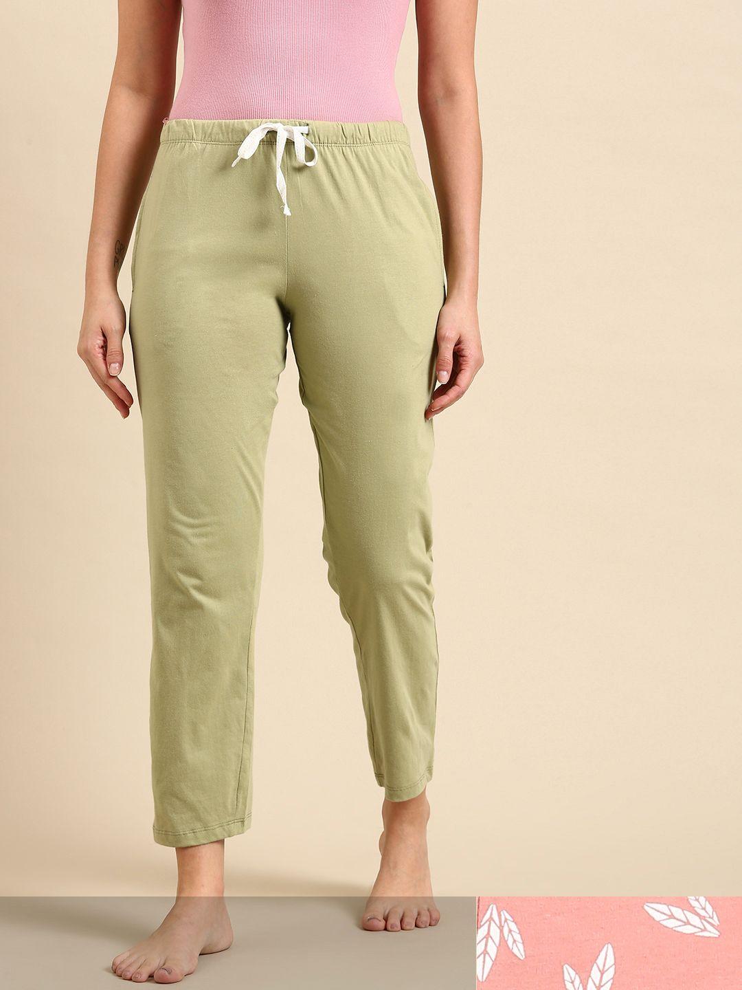dreamz by pantaloons women set of 2 peach-coloured & olive green cotton lounge pants