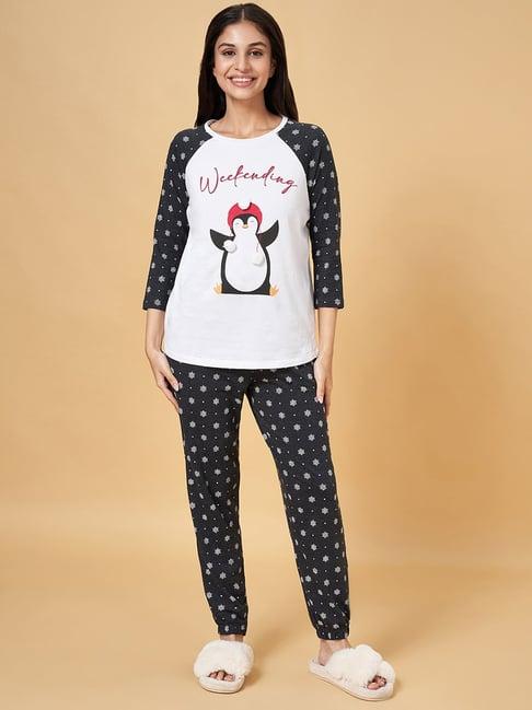 dreamz by pantaloons black & white cotton printed t-shirt pyjama set