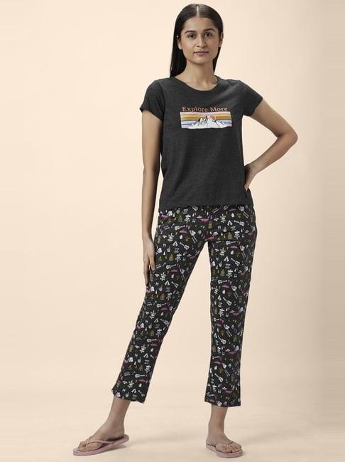 dreamz by pantaloons black cotton printed top pyjama set