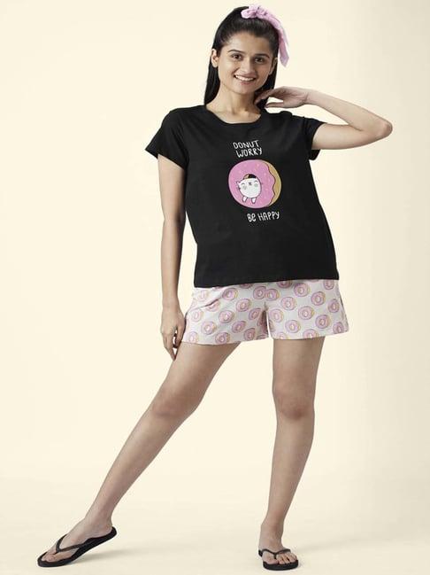 dreamz by pantaloons black pink cotton printed top shorts set