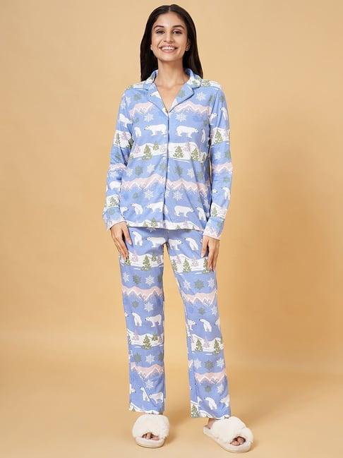 dreamz by pantaloons blue cotton printed shirt pyjama set