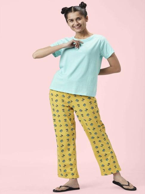 dreamz by pantaloons blue yellow cotton printed top pyjama set