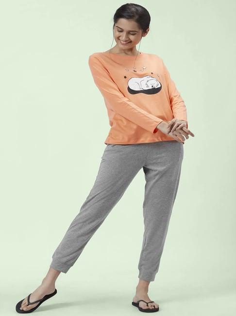 dreamz by pantaloons coral grey cotton printed t-shirt pyjama set