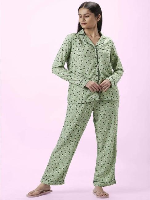 dreamz by pantaloons green printed shirt & pyjama set