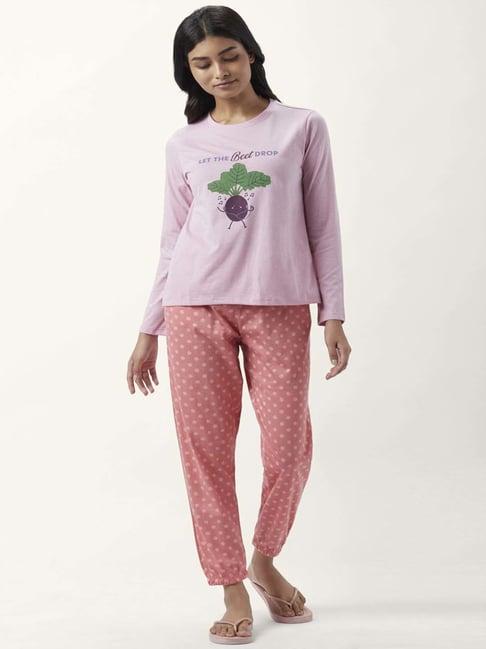 dreamz by pantaloons lilac peach cotton printed t-shirt pyjama set