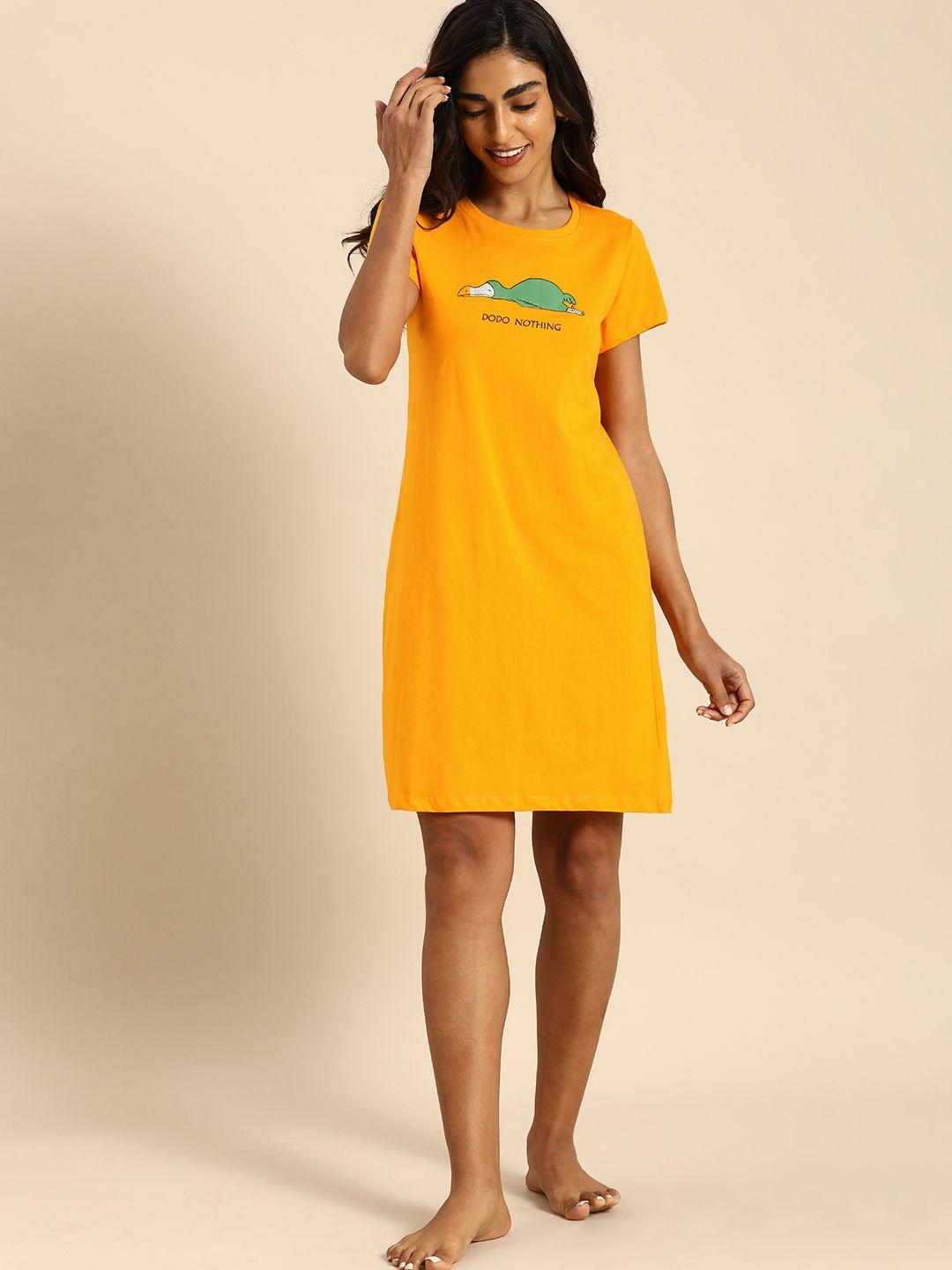 dreamz by pantaloons mustard yellow printed pure cotton nightdress