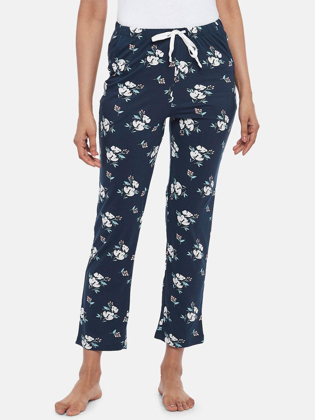 dreamz by pantaloons navy blue printed cotton mid-rise lounge pants