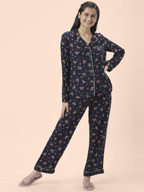 dreamz by pantaloons navy printed shirt pyjamas set