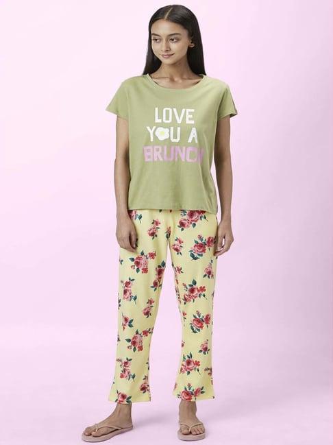 dreamz by pantaloons olive green cotton printed top pyjama set