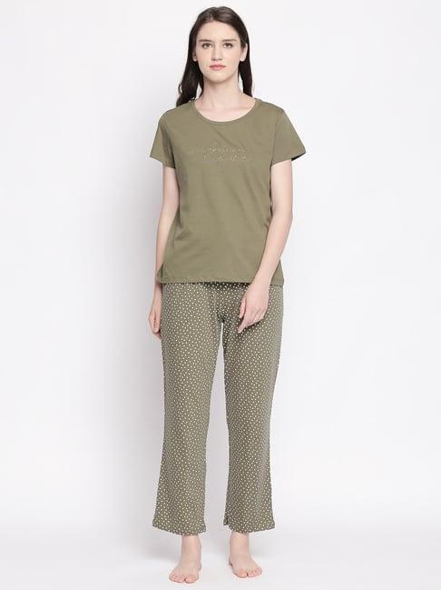 dreamz by pantaloons olive printed top & pyjama set