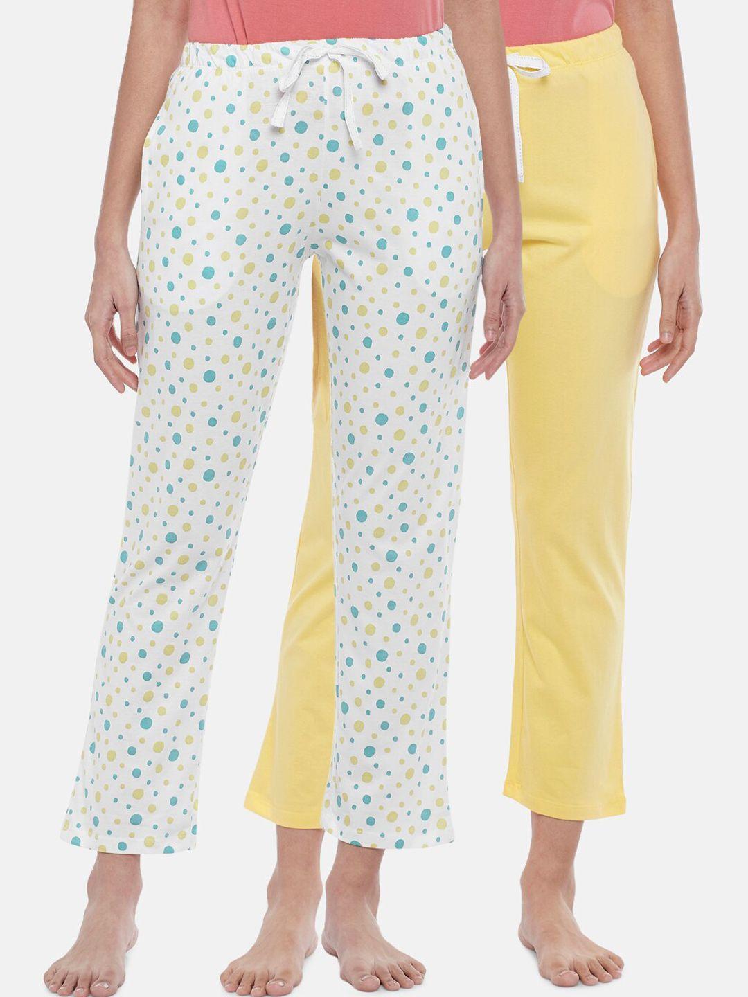 dreamz by pantaloons pack of 2 white & yellow cotton printed lounge pants