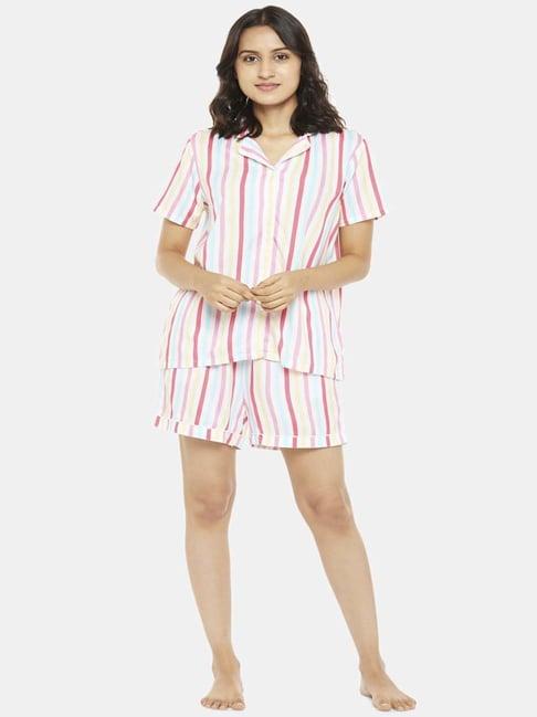 dreamz by pantaloons pink & white striped shirt & shorts set