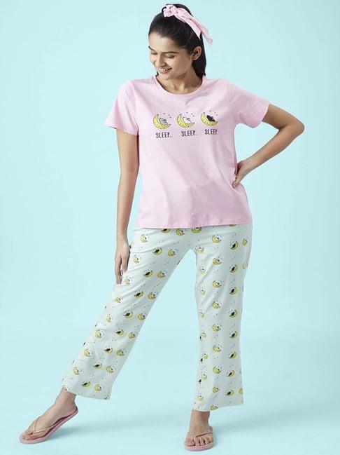 dreamz by pantaloons pink green cotton printed top pyjama set