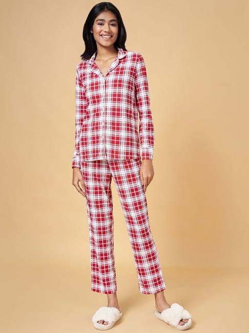 dreamz by pantaloons red cotton chequered shirt pyjama set