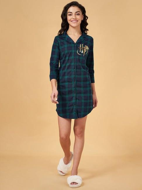 dreamz by pantaloons teal blue & green cotton chequered night shirt
