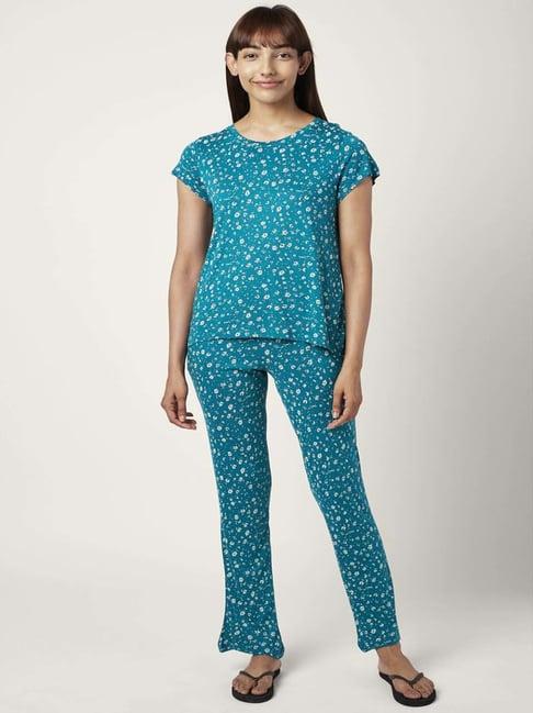 dreamz by pantaloons teal blue cotton printed top pyjama set