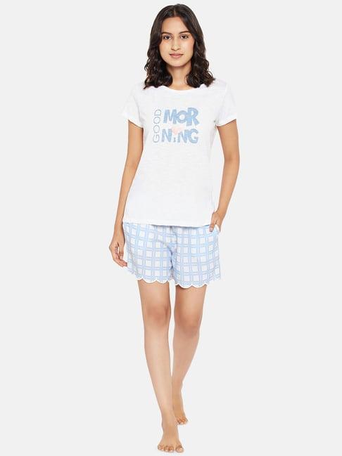 dreamz by pantaloons white & blue cotton printed t-shirt shorts set