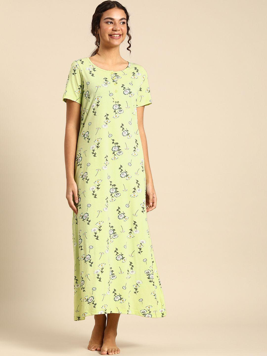 dreamz by pantaloons women green floral print pure cotton t-shirt nightdress