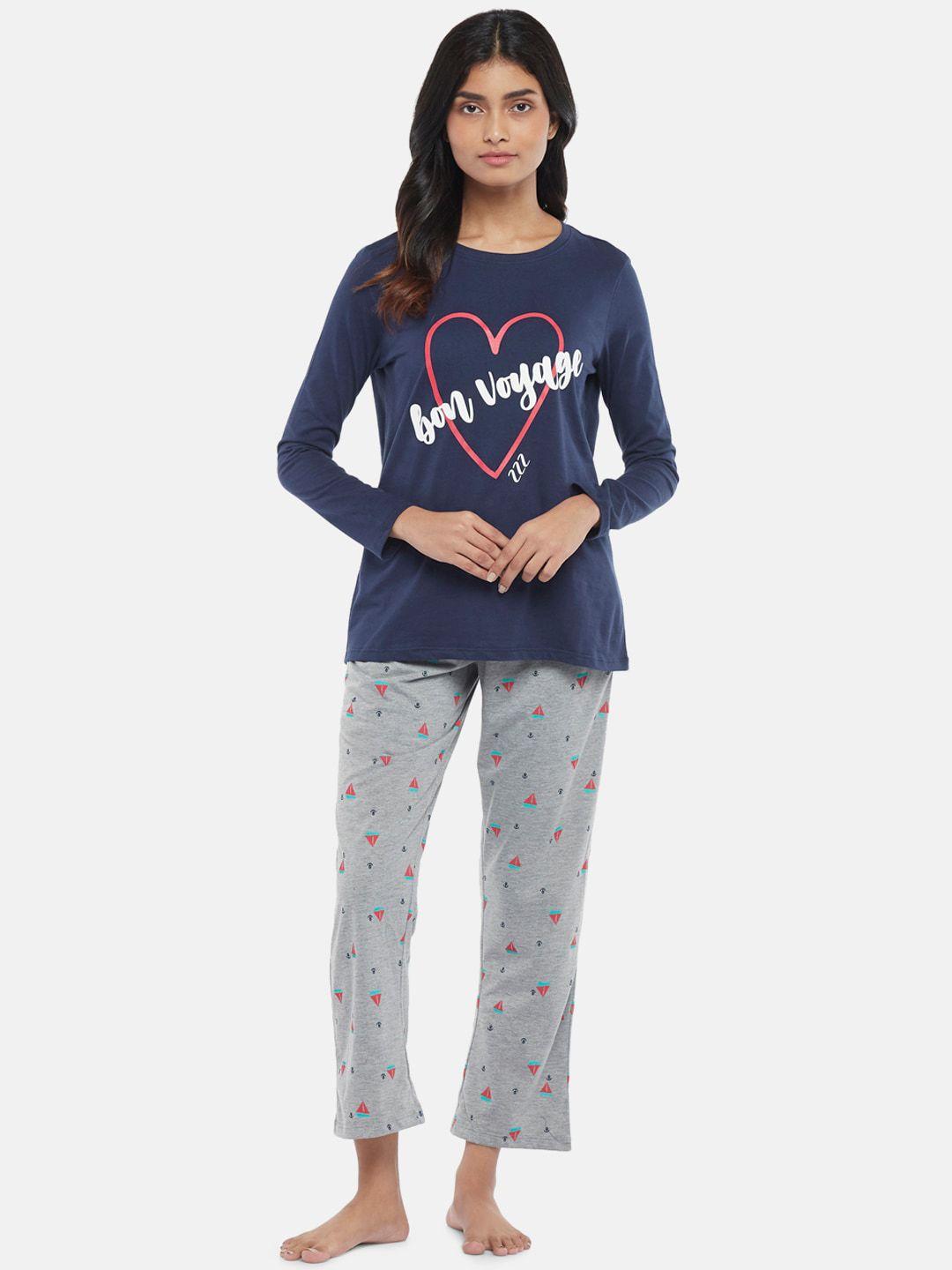 dreamz by pantaloons women navy blue & grey printed cotton night suit