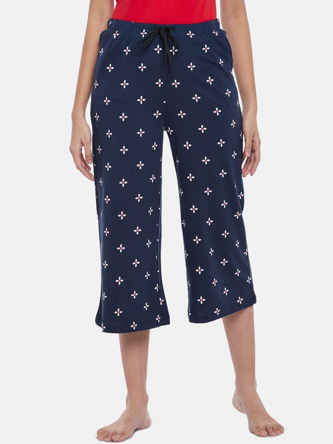 dreamz by pantaloons women navy blue printed three-fourth length cotton lounge pants