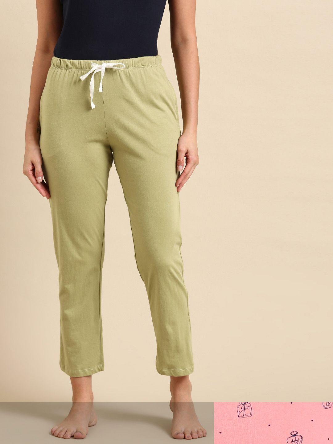 dreamz by pantaloons women pack of 2 green & peach printed lounge pants