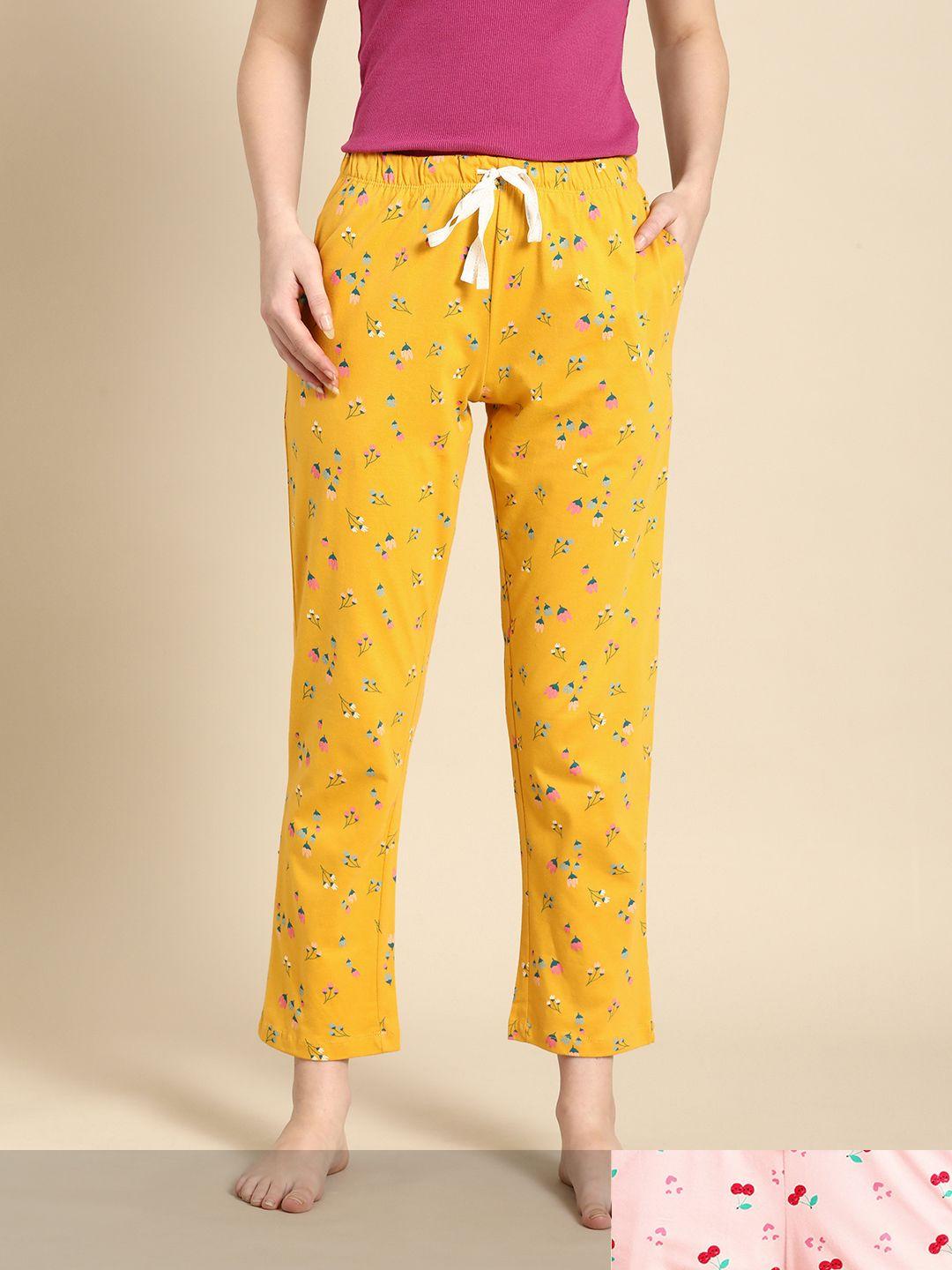 dreamz by pantaloons women pack of 2 printed pure cotton lounge pants in yellow & pink