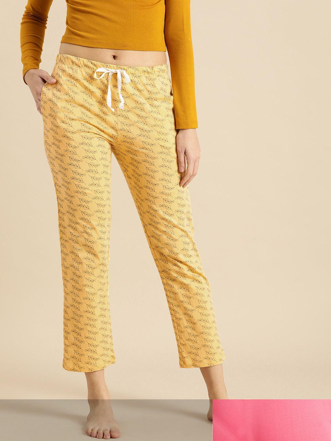 dreamz by pantaloons women pack of 2 yellow & pink printed lounge pants