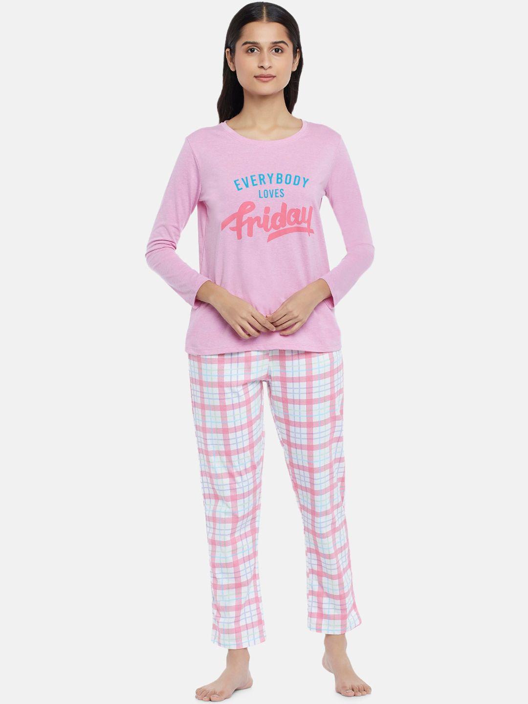 dreamz by pantaloons women pink & blue printed pure cotton night suit