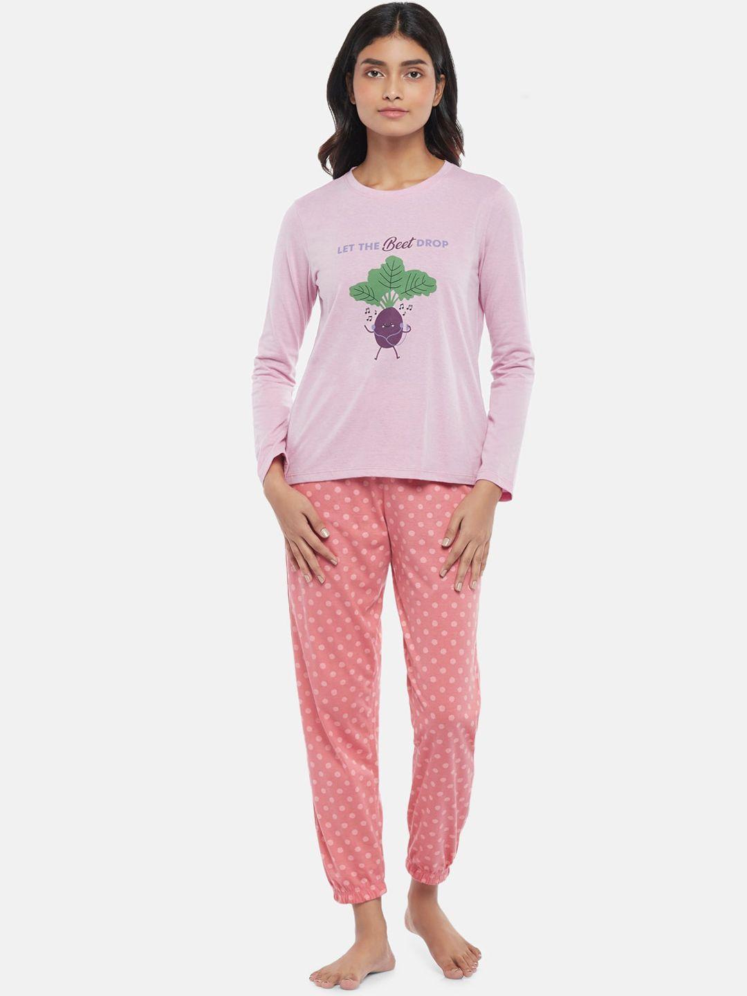 dreamz by pantaloons women pink & purple printed night suit