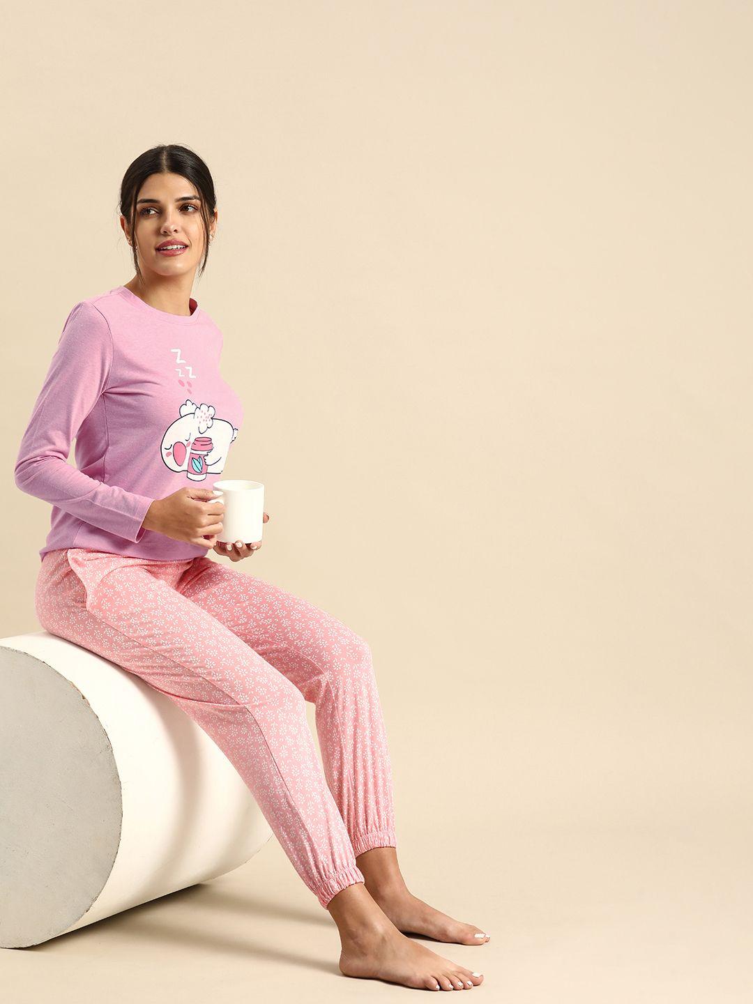 dreamz by pantaloons women pink & white printed night suit