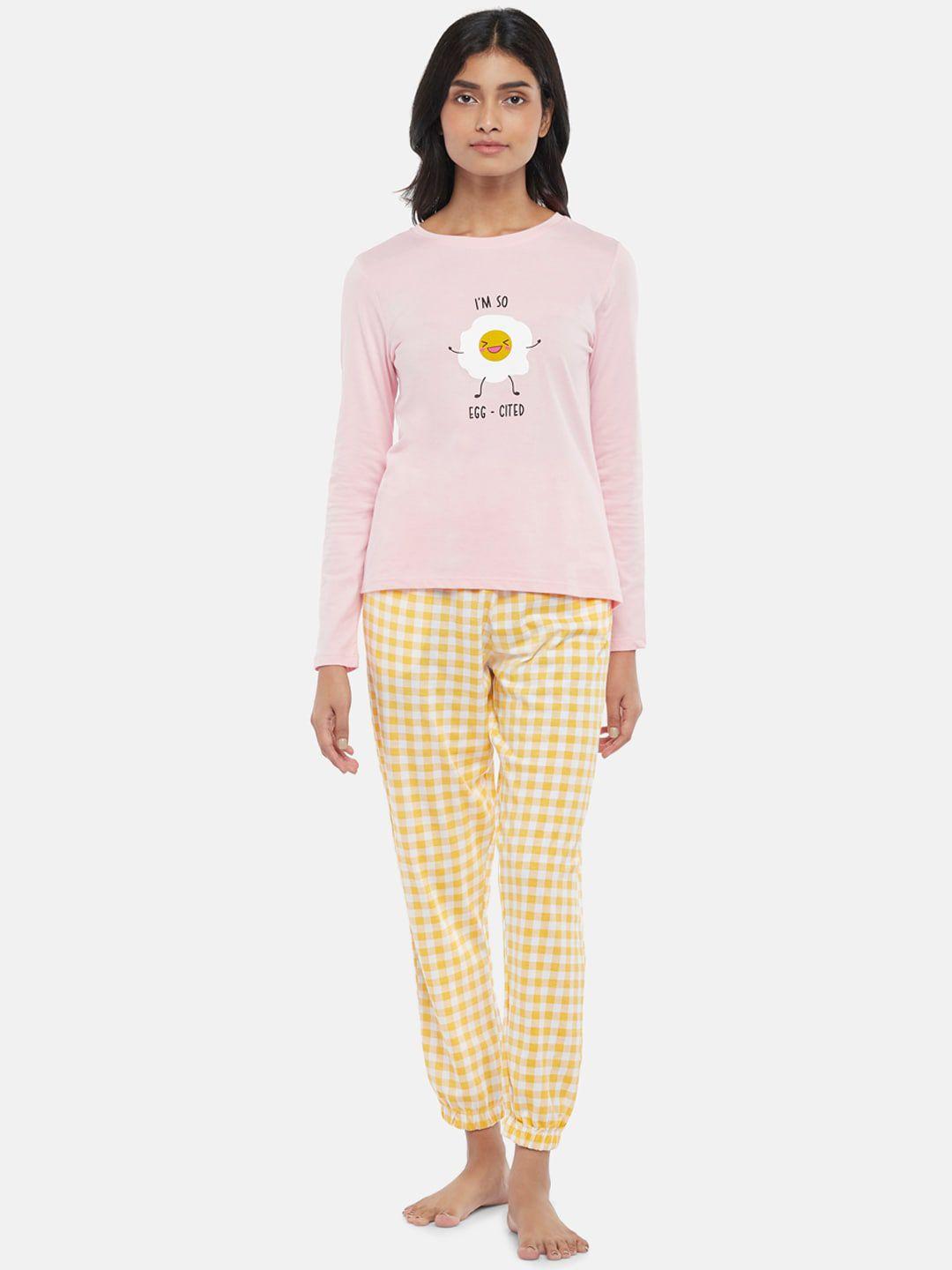 dreamz by pantaloons women pink & yellow printed night suit