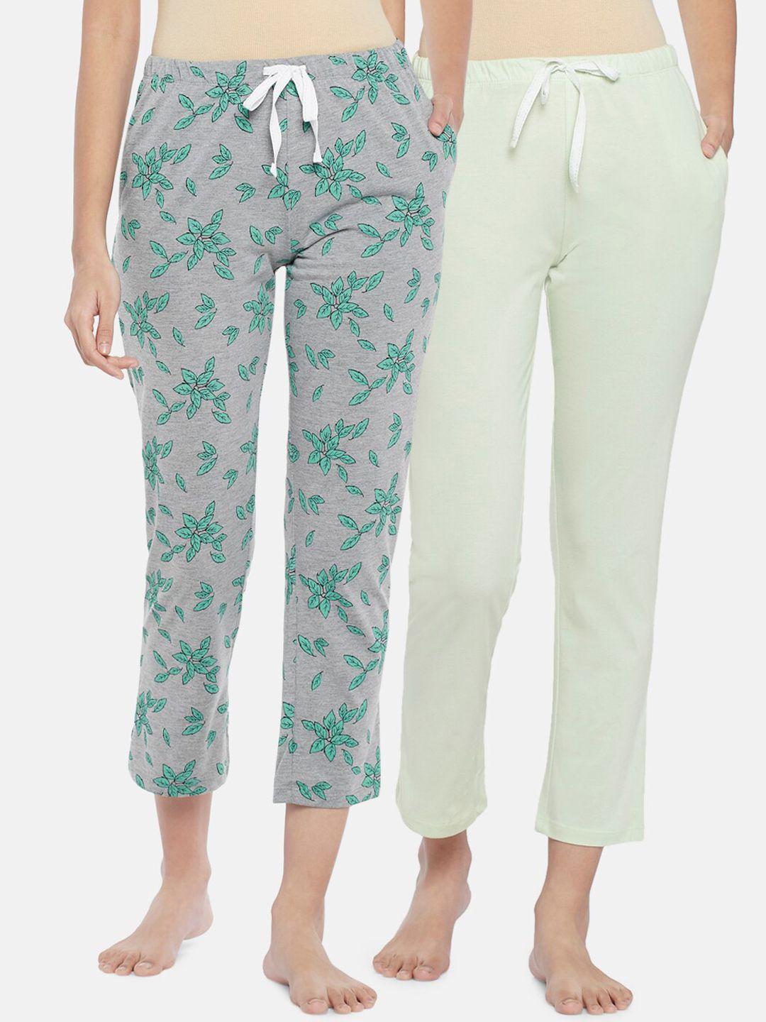 dreamz by pantaloons women set of 2 grey & green printed cotton lounge pants