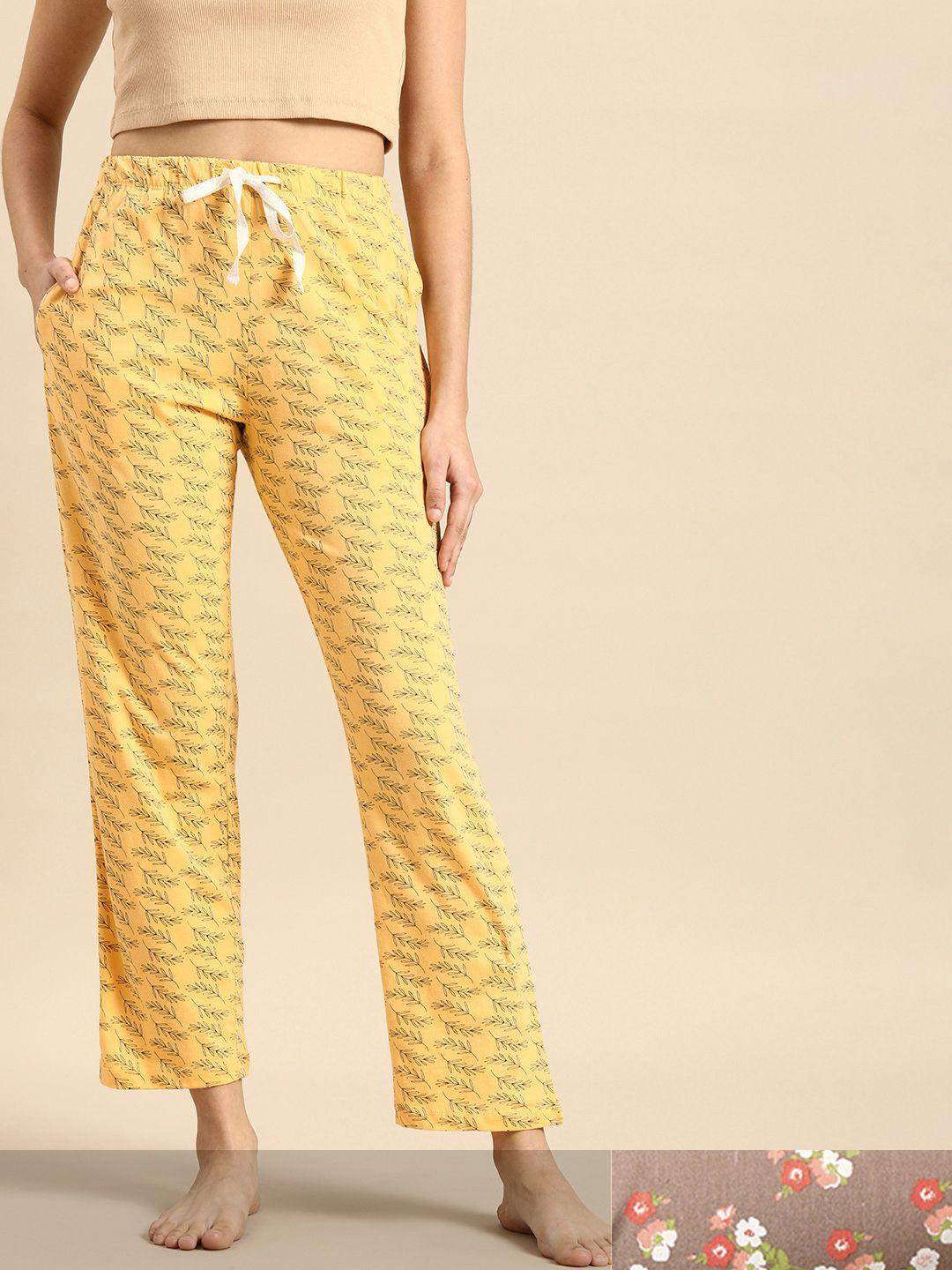 dreamz by pantaloons women yellow & brown pack of 2 printed pure cotton lounge pants
