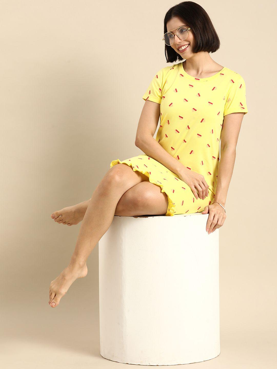 dreamz by pantaloons women yellow pure cotton printed t-shirt nightdress
