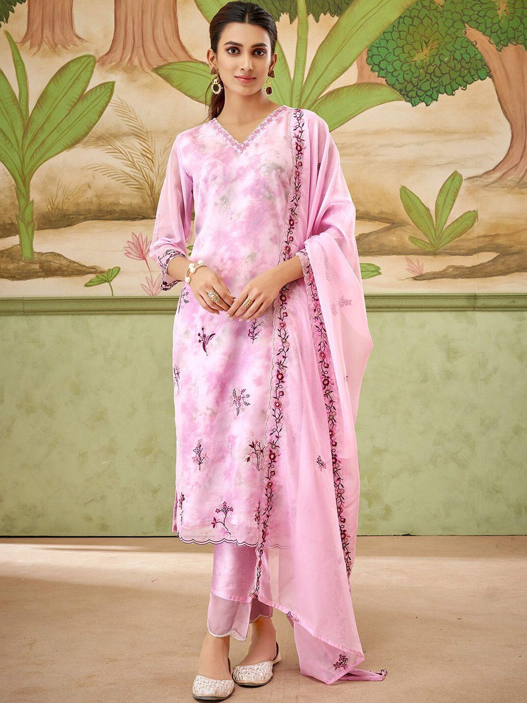 dresoul abstract printed thread work kurta with trousers & dupatta