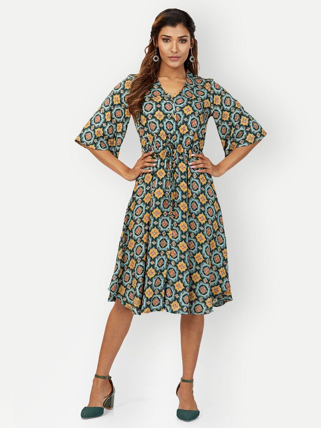 dresoul ethnic motifs printed flared sleeve gathered detailed fit & flare dress