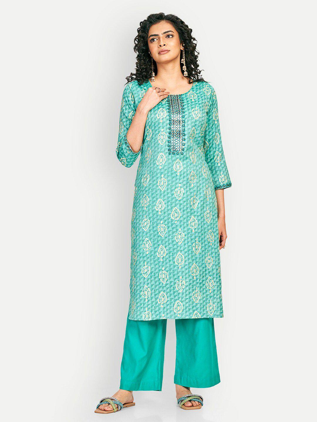 dresoul ethnic motifs printed thread work detailed straight kurta