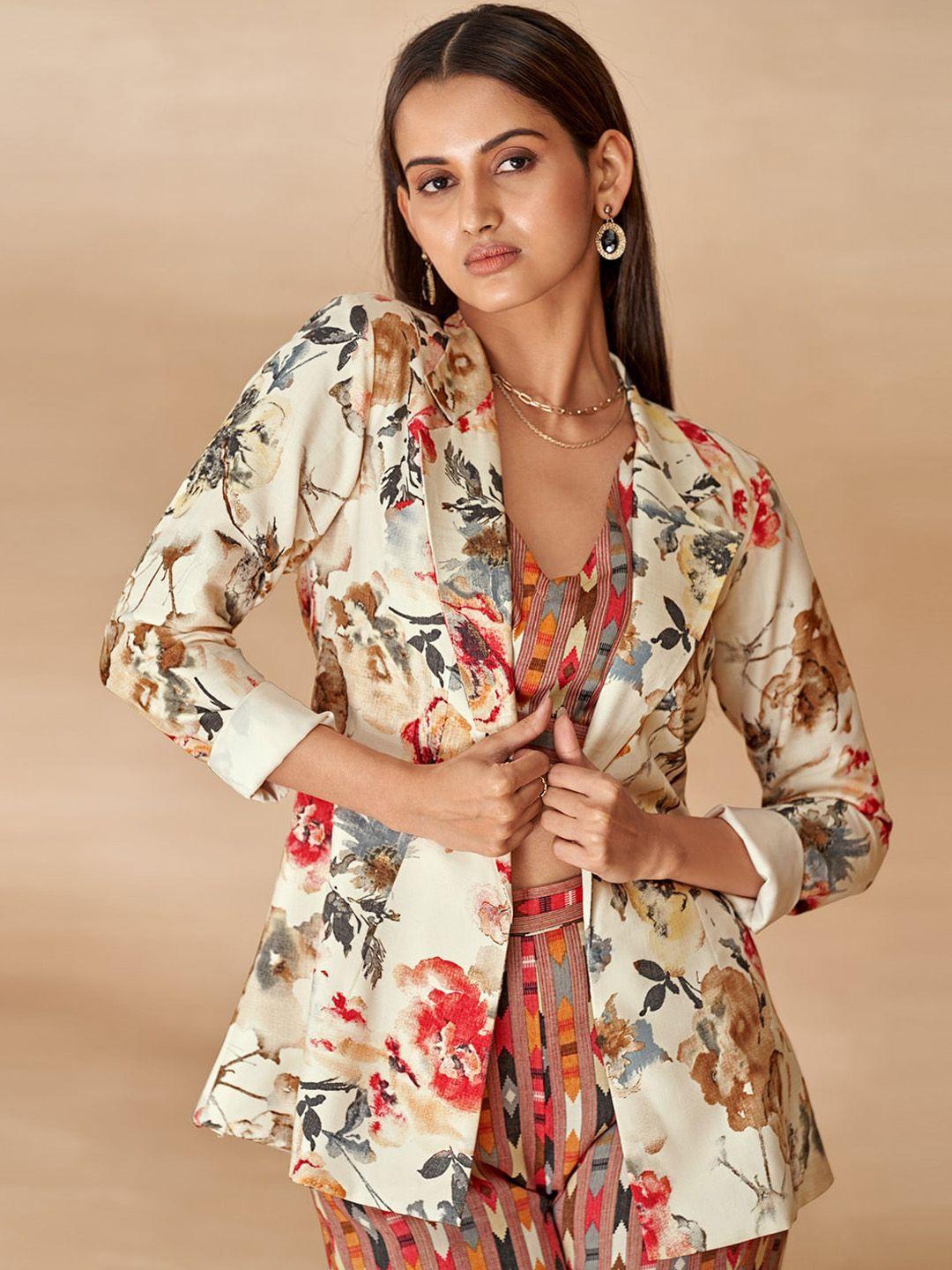 dresoul floral printed crop top with blazer & palazzos