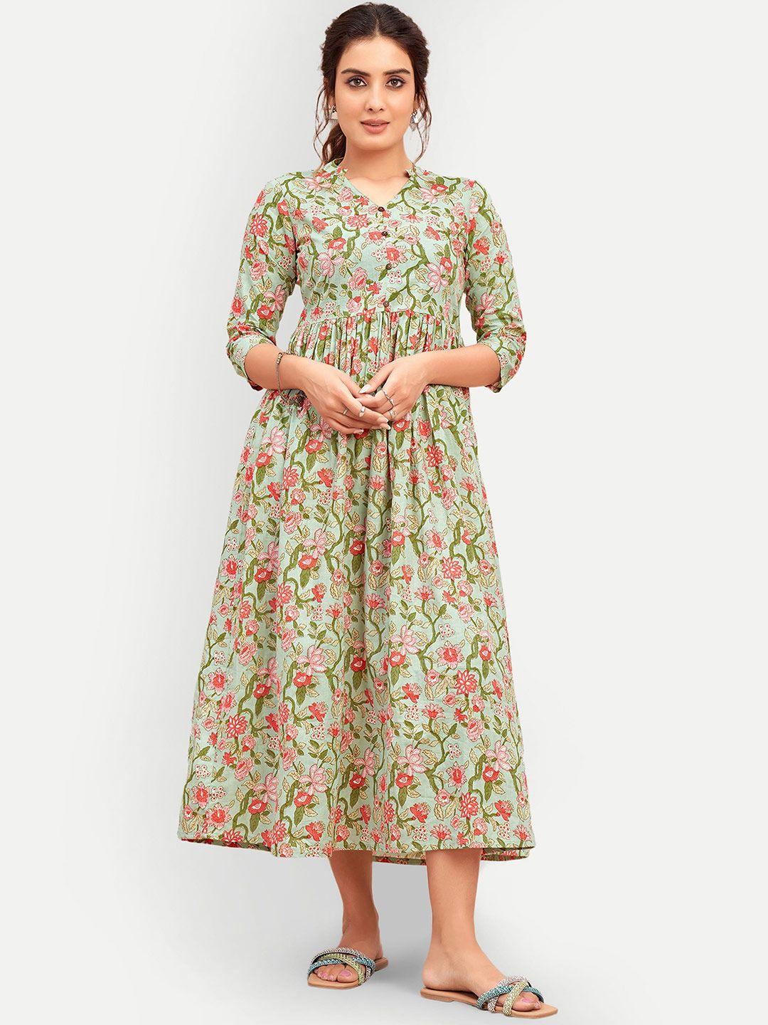 dresoul floral printed gathered cotton fit & flare midi dress