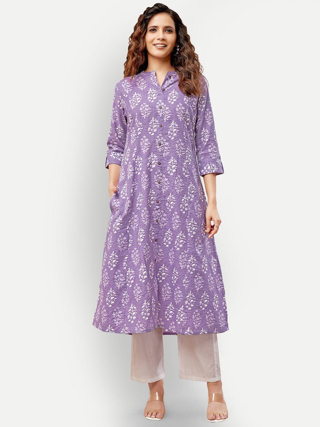 dresoul floral printed kantha work detailed pure cotton a-line kurta