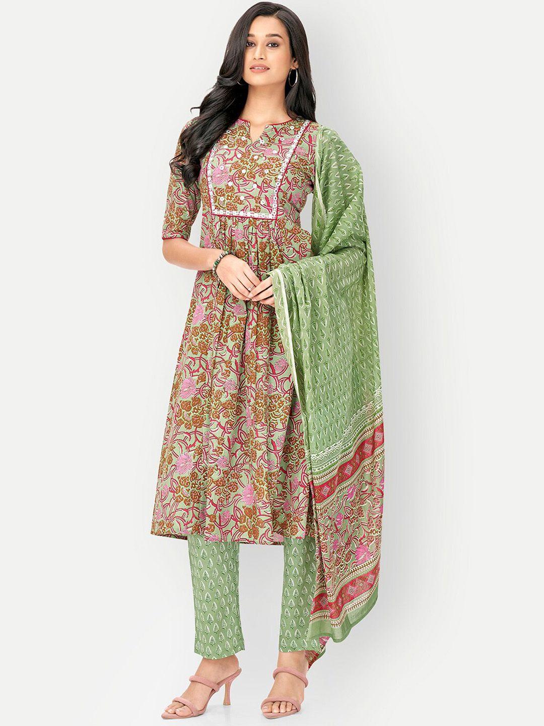 dresoul floral printed mirror work pure cotton anarkali kurta & trousers with dupatta