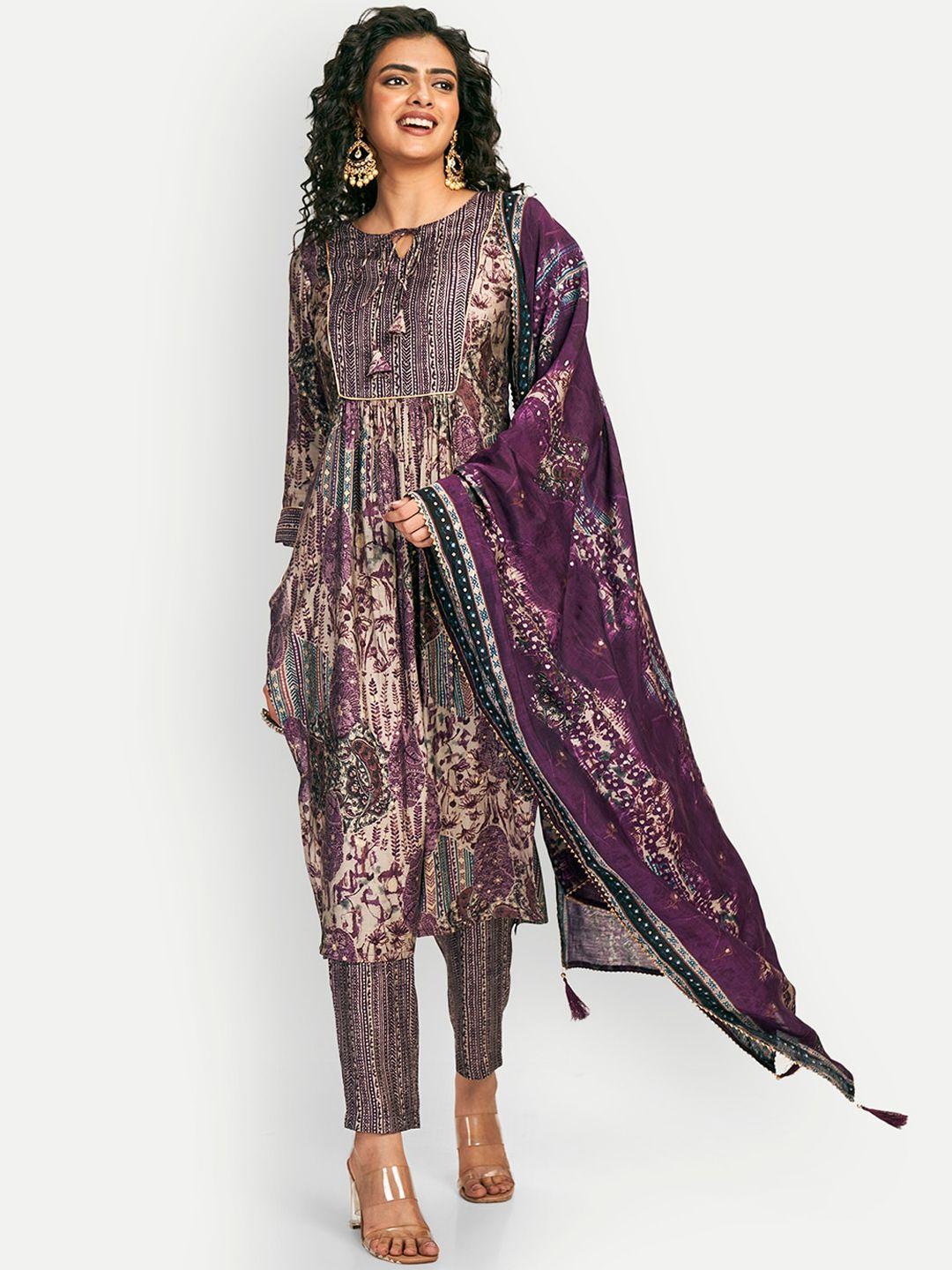 dresoul floral printed pleated chanderi cotton kurta with pyjamas & with dupatta