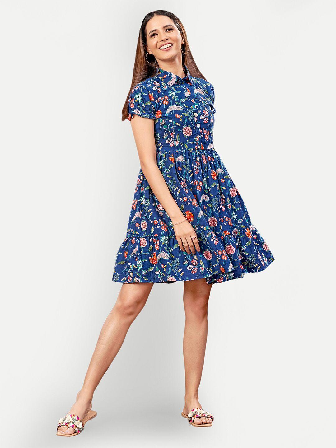 dresoul floral printed shirt collar gathered cotton fit & flare dress